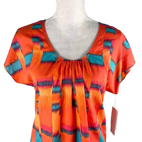 Calvin Klein Firecracker Blouse Small Orange Teal Short Sleeves New - Picture 8 of 12